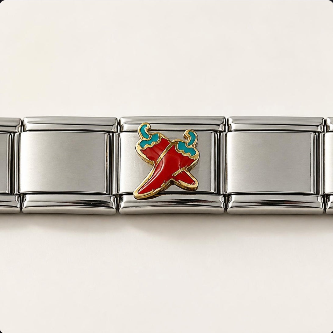 Red Chili Peppers Italian Charm on a bracelet, flat lay
