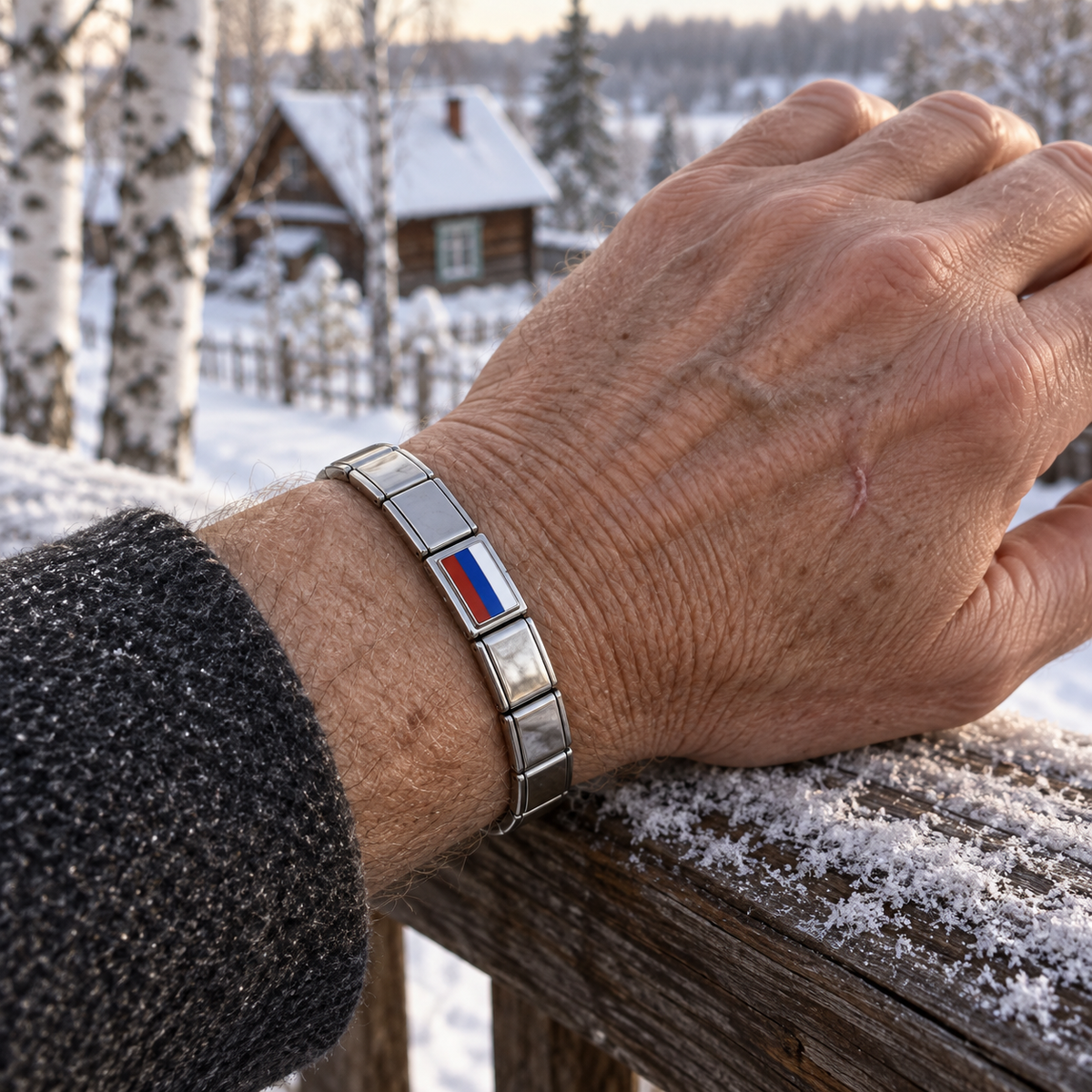 Russia flag Italian charm on a polished silver modular bracelet in a snowy birch countryside
