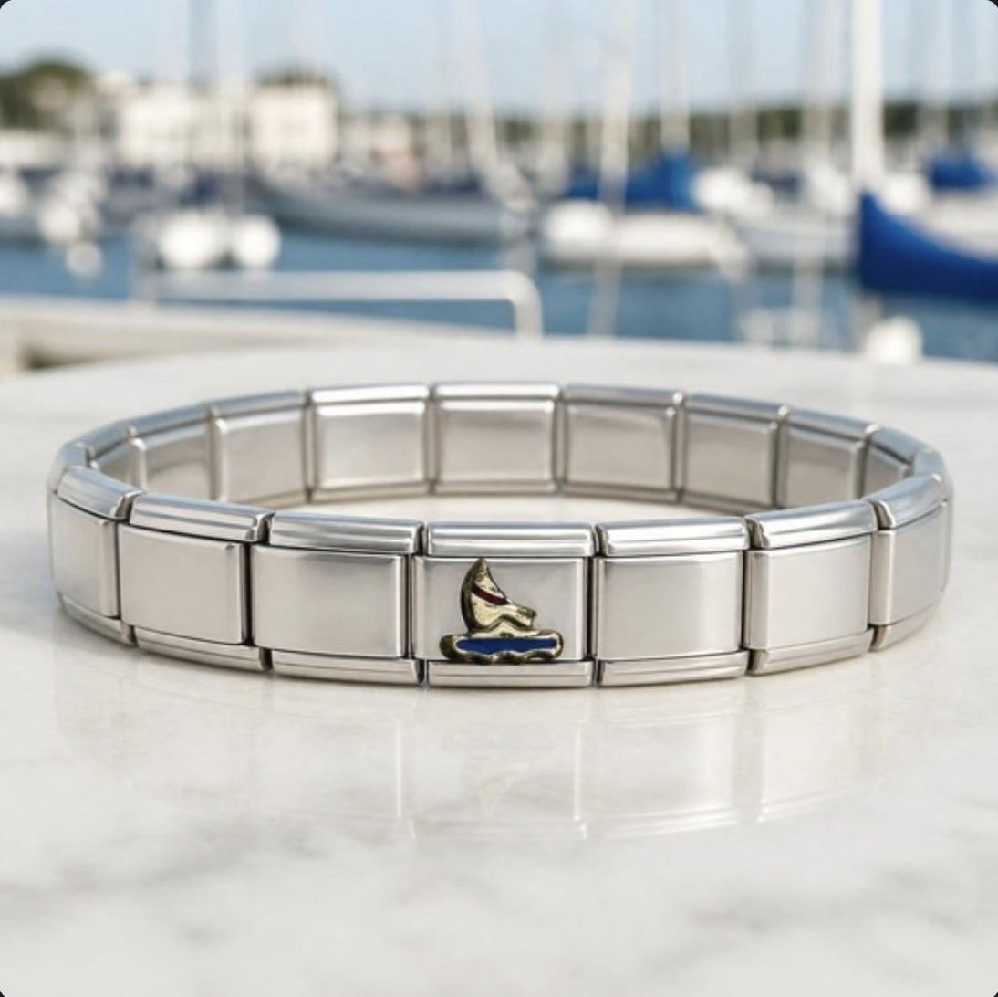 Sailboat Italian charm on bracelet, flat lay