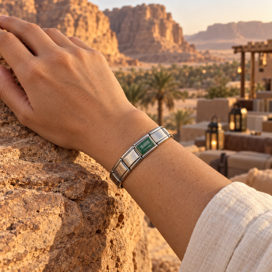 Saudi Arabia flag Italian charm on a modular bracelet worn at a warm AlUla desert overlook