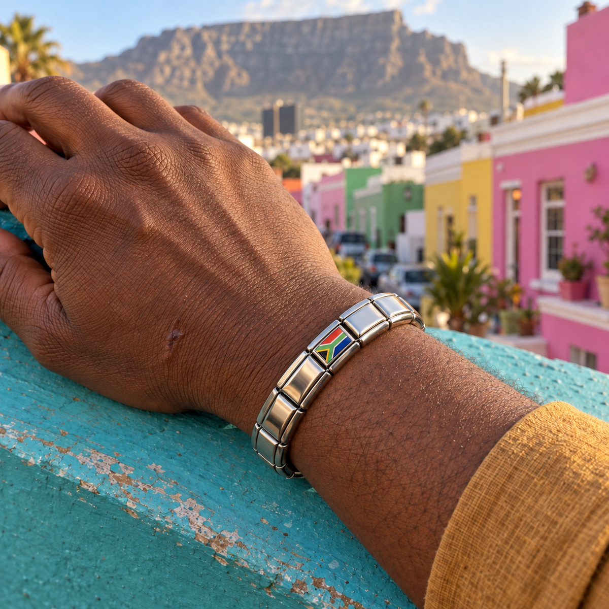 South Africa flag Italian charm on a silver modular bracelet worn in Cape Town’s colorful Bo-Kaap neighborhood
